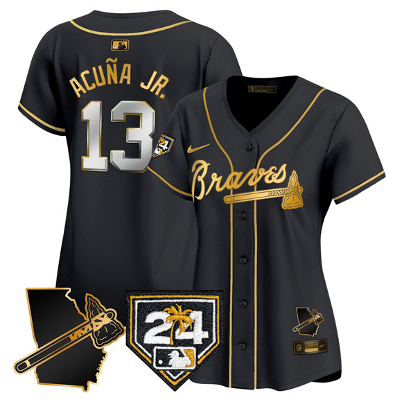 Women's Atlanta Braves #13 Ronald Acuña Jr. Black Gold 2024 Spring Training & Georgia Patch Vapor Limited Stitched Baseball Jersey(Run Small)